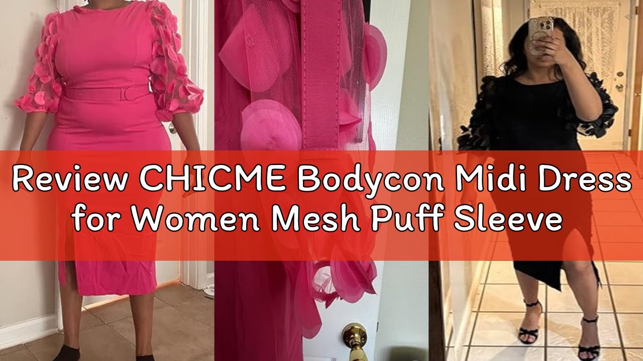 Review CHICME Bodycon Midi Dress for Women Mesh Puff Sleeve Slit Work Cocktail Wedding Dresses with