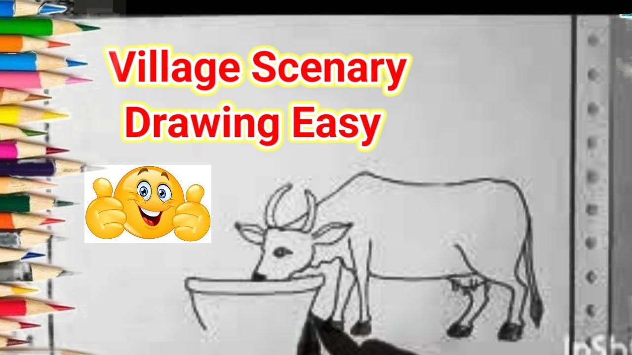 Village Scenary Drawing // Farmer with Cow 🐮 Drawing // Scenery Composition Drawing Easy 
