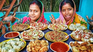 street food challenging video...steam momo fry momo papri chat egg chaumin doi puchka... punishment🤢