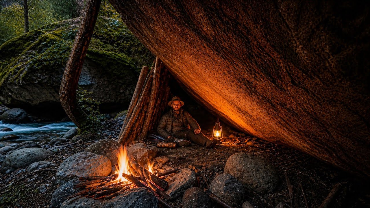 Solo Bushcraft Camping | Survival Shelter Under Giant Rock by Mountain ...