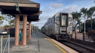 Amtrak 587-20 flies through Carlsbad Village Station on April 20,2026. Doubleheader SC-44 Chargers. 