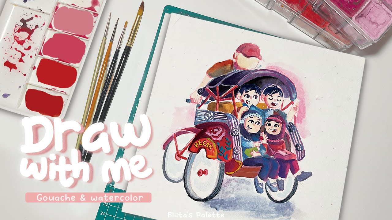 Draw with me - Indonesian traditional transportation, Becak 🚲🛺 🇮🇩 in gouache and watercolor