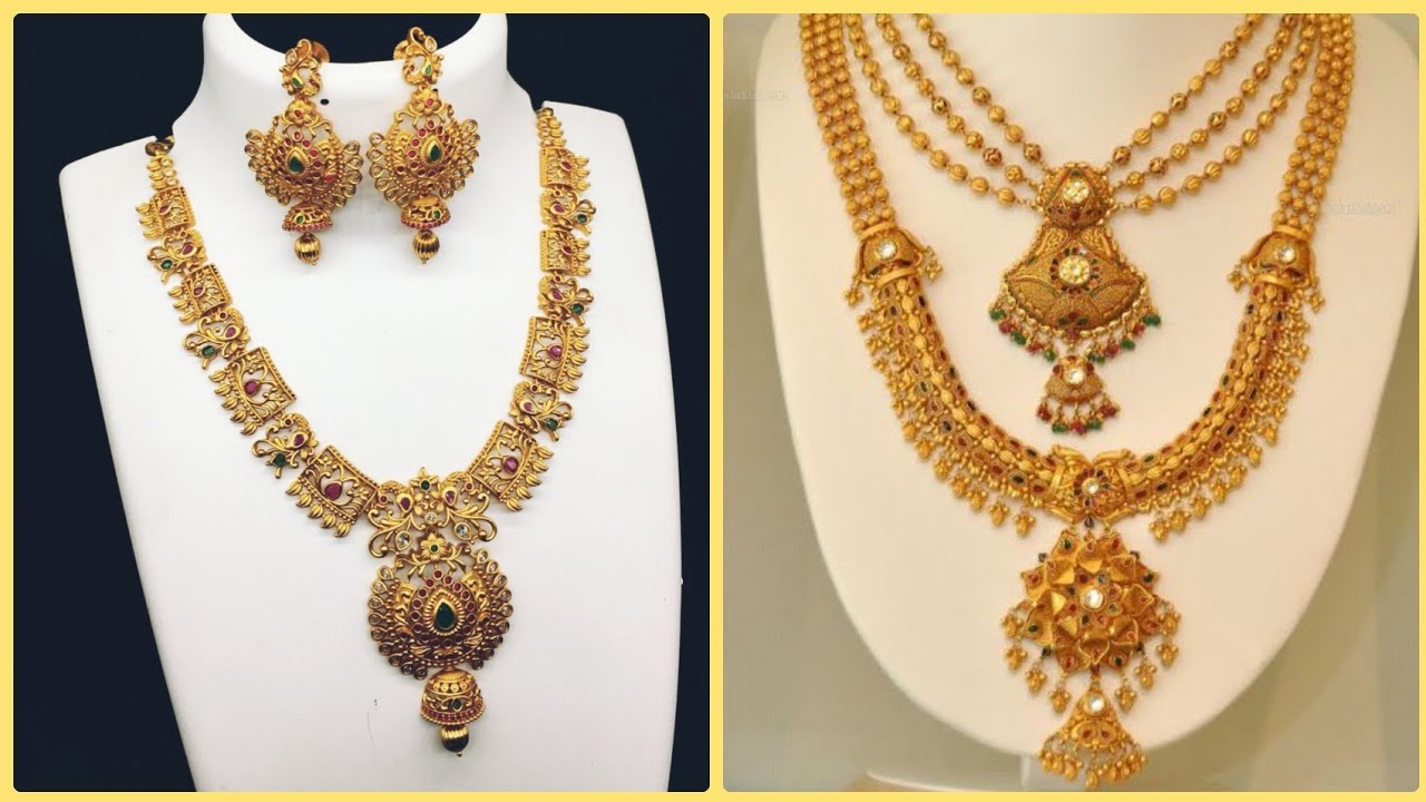 Latest Beautiful Gold Necklace Set,Gold Long Mala Designs With Earrings