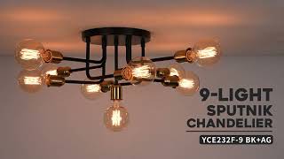Emliviar 9-Light Industrial Semi Flush Mount Ceiling Light (Black and Gold)
