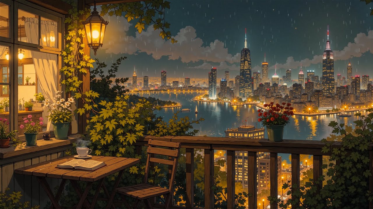 Tokyo Cozy Balcony Ambience 🌧️ Rainy Night with Coffee & Books | Lofi Music for Study, Sleep & Focus