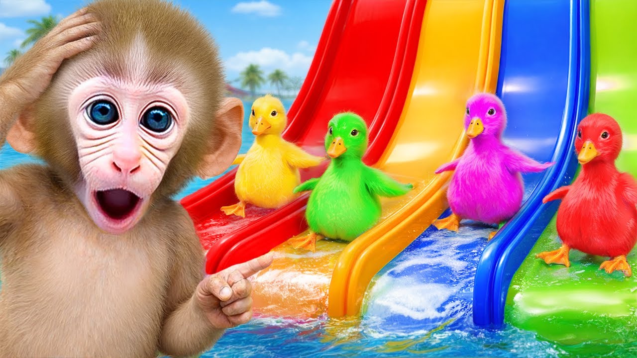 El Mono Tata Jugando En Un Tobogán De Agua Gigante Con Su Patito En El Parque Acuático