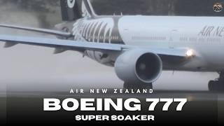 Air New Zealand 777 super soaker departing a WET, WINDY & STORMY Auckland Airport with 50knt winds.