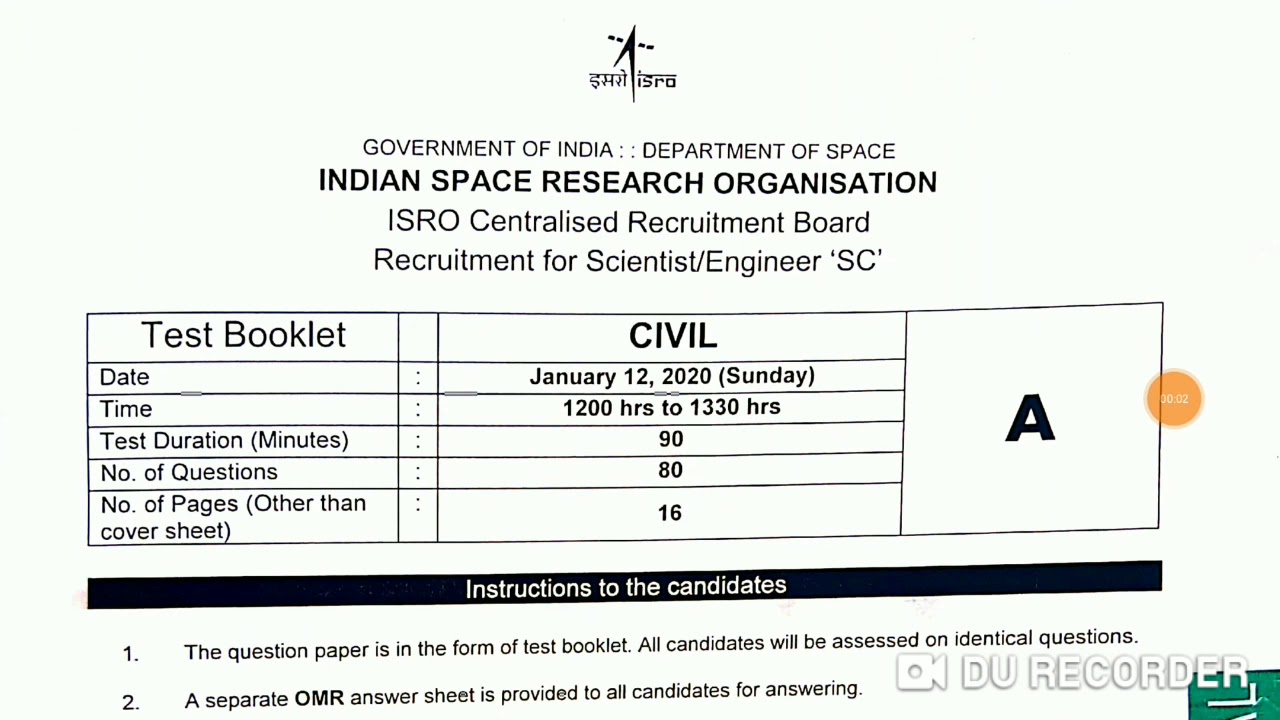 ISRO 12TH JANUARY 2020 SCIENTIST/ENGINEER SC Civil engineering QUESTION PAPER