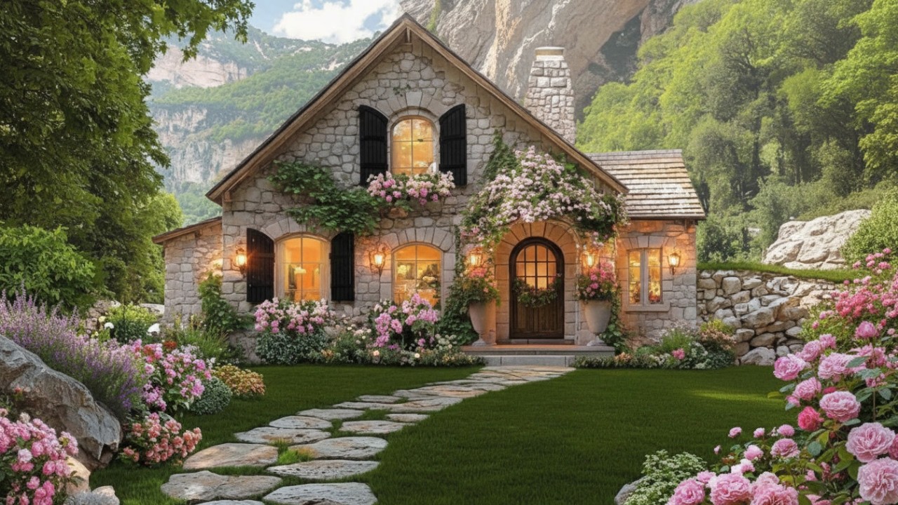 Cozy Stone Cottage in the Mountains | Relaxing Garden & Night Ambience 4K | Relaxing Night Ambience