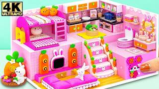 🐰💖 How To Make Cute Pink Bunny House with Bunk Bed from Cardboard (EASY) | DIY Miniature House❤️🏡