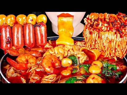ASMR SPICY SEAFOOD MALATANG 마라탕 먹방, 마라탕 레시피 SHRIMP, ENOKI MUSHROOM, SAUSAGE, NOODLES EATING SOUNDS