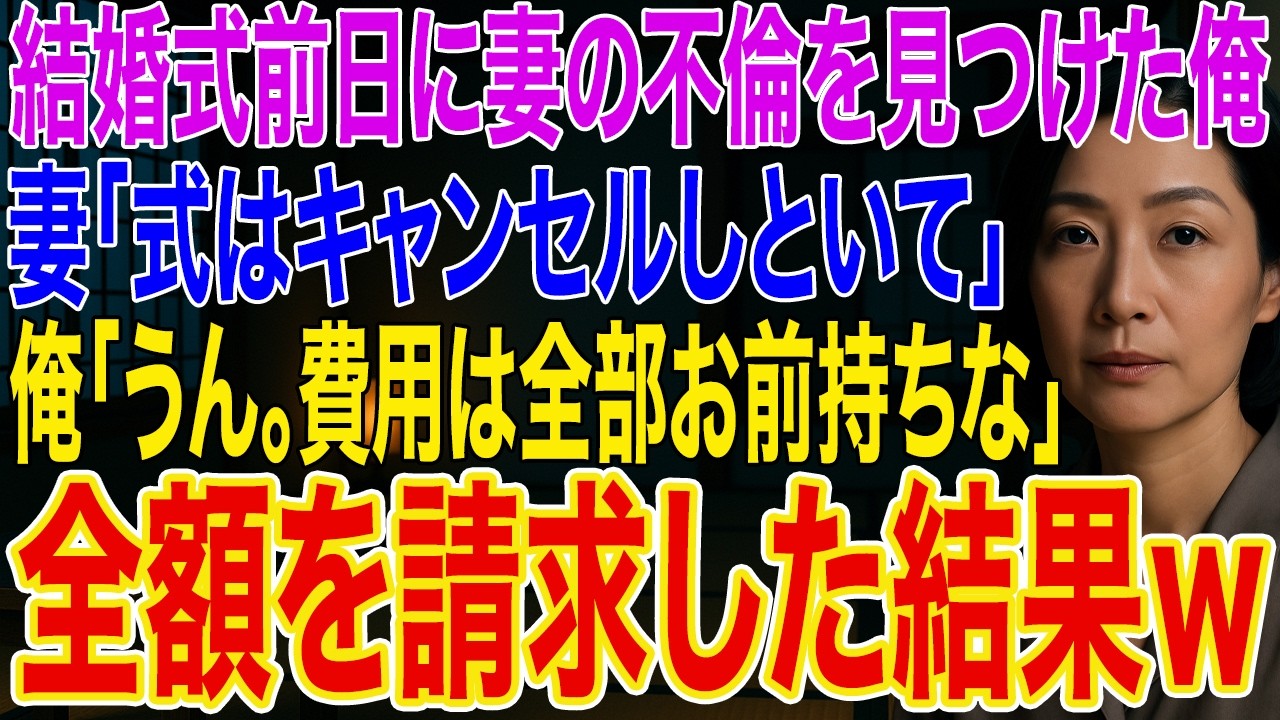 【修羅場】結婚式前日に妻の不倫を見つけた俺。妻「式はキャンセルしといて」俺「うん。費用は全部お前持ちな」➡妻が固まった