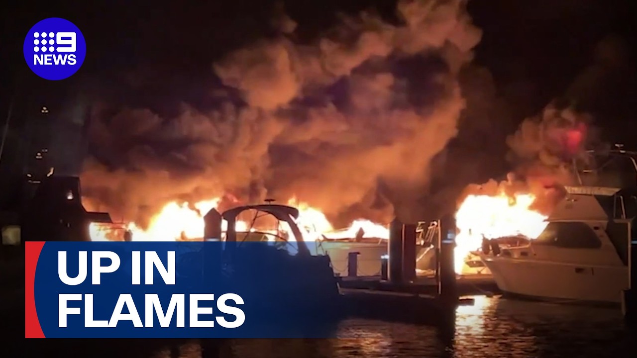 Four boats sink after mystery blaze at Hillarys Boat Harbour | 9 News Australia