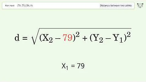 Find the distance between two points p1 (79,75) and p2 (56,8): Step-by-Step Video Solution