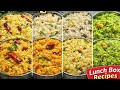 4 Easy Lunch Box Rice Recipes | Pudina, Coconut, Tomato & Lemon Rice | Veg Lunch Ideas