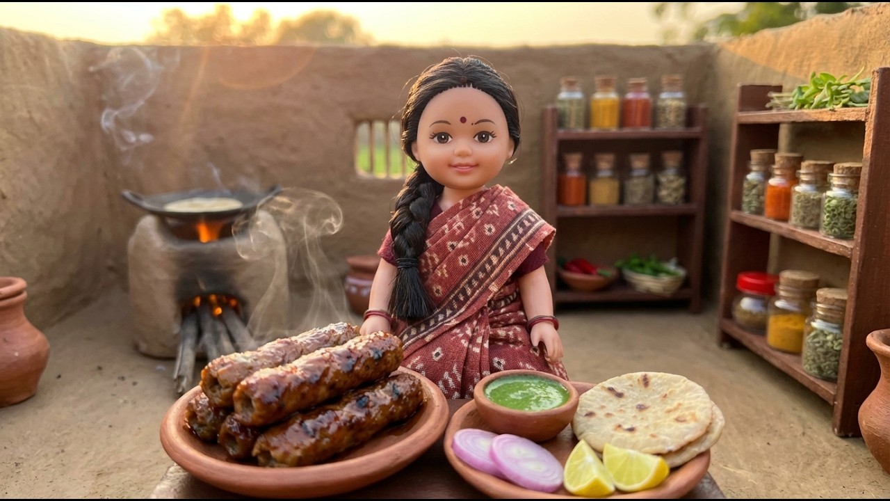 Miniature Doll Seekh Kebab ASMR 🔥🥩 | Indian Village BBQ | Tiny Desi Village