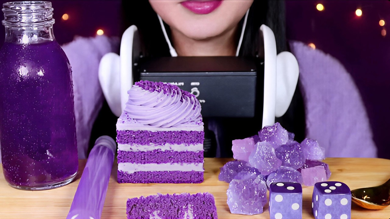 ASMR MUKBANG | Purple Desserts Feast 💜 Ube Cake, Grape Soda, Edible Dice, Jelly, Kohakutou