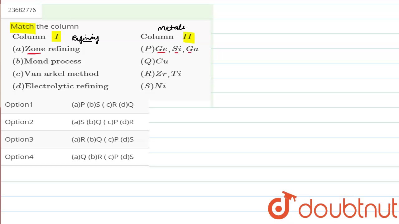 Match The Column Column I Column Ii A Zone Refining P Ge Si Ga Youtube