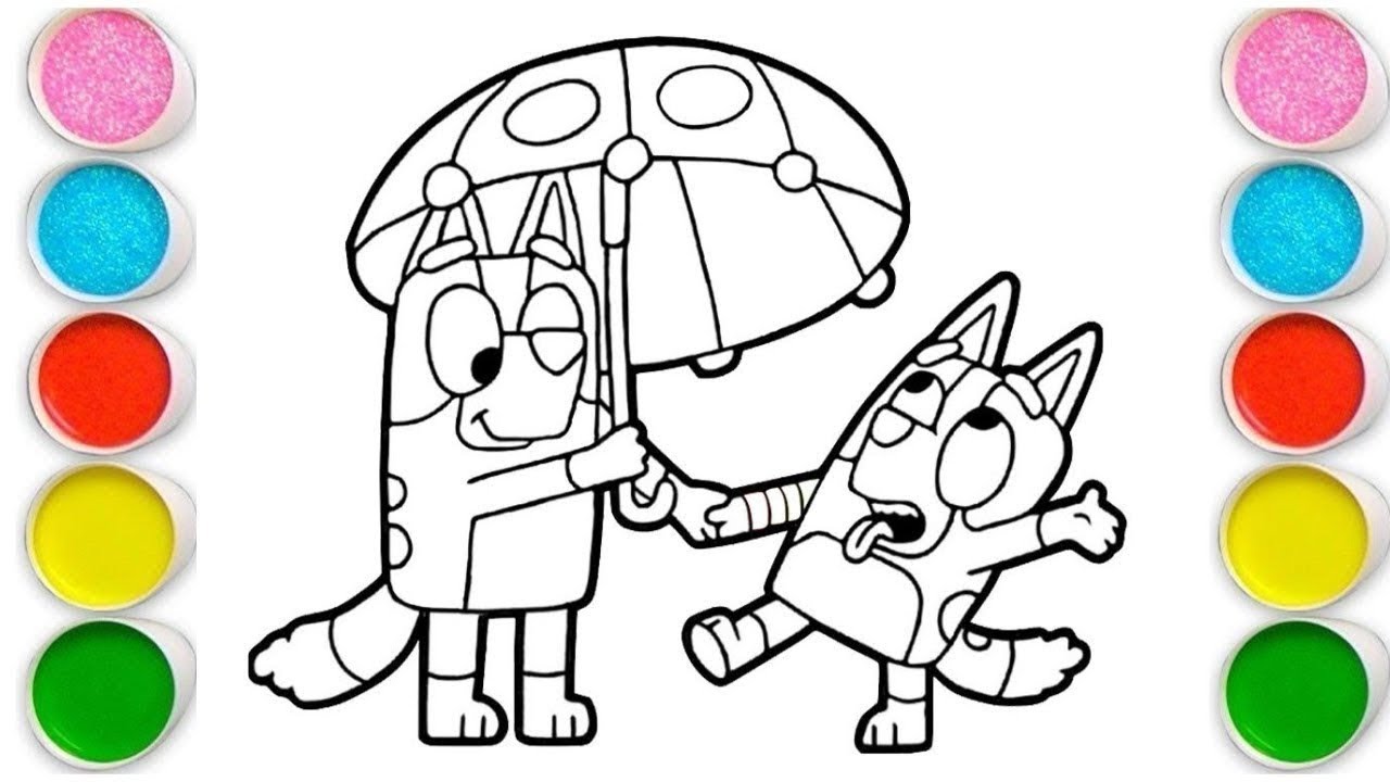 Bluey and Bingo with Umbrella Drawing, Painting & Coloring For Kids and Toddlers_ Easy Art