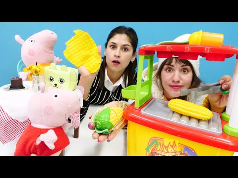 Peppa ile komik video. Play Doh oyun hamuru. Peppa domuz bardakta mısır sipariş veriyor