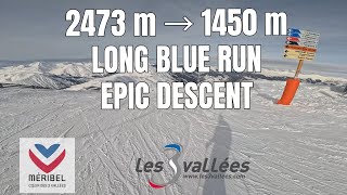 [4K] POV Skiing Faon Blue Piste | Top 2473m to Meribel Centre 1450m | Les 3 Vallées