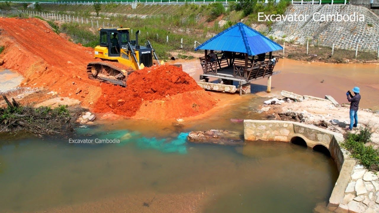Total Video Processing Connection 100% Complete Road To Drainage System By Dump Truck And Bulldozer