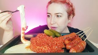 ОСТРЫЙ РИС ТЯНУЩИЙСЯ СЫР СОСИСКИ МУКБАНГ| SPICY RICE STRETCH CHEESE SAUSAGE MUKBANG ASMR| 먹방