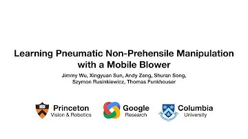 Learning Pneumatic Non-Prehensile Manipulation with a Mobile Blower