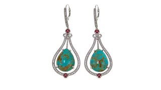 Sterling Silver Turquoise, Ruby and White Topaz Drop Ear...