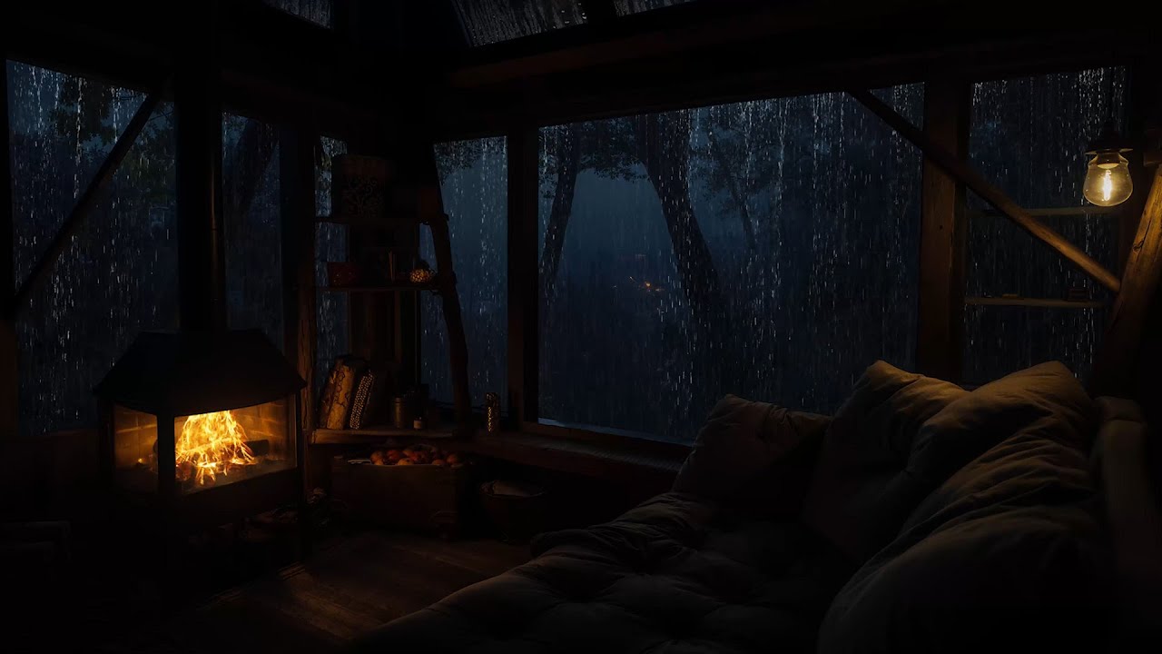 Warm Cabin Night Forest | Soothing Rain Sounds and Relaxing Fireplace ...