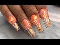 HOW TO: Easy Orange And Gold Marble Nails For Beginners | Acrylic Nails Tutorial