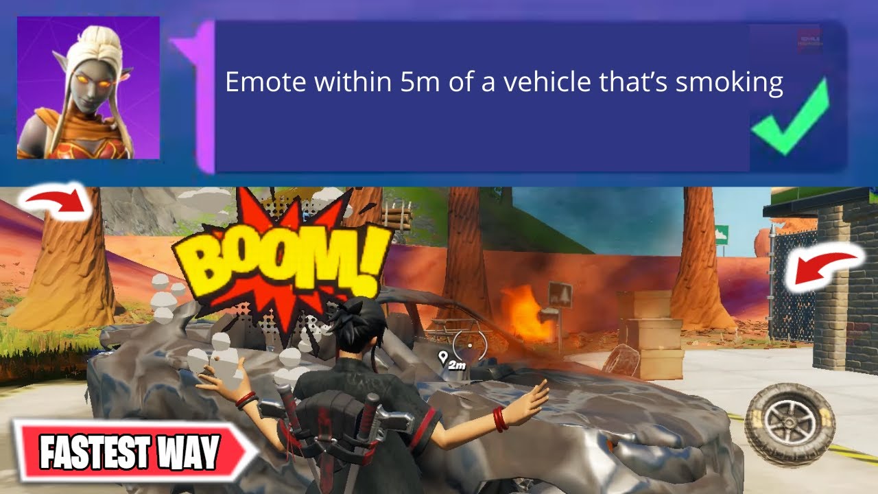 Emote Within 5m of a Vehicle That’s Smoking - Fortnite EMBER CHALLENGES Guide! Smoking Vehicle!