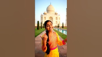 The small girl create a blog video and walking in Taj Mahal ground , soft bokeh