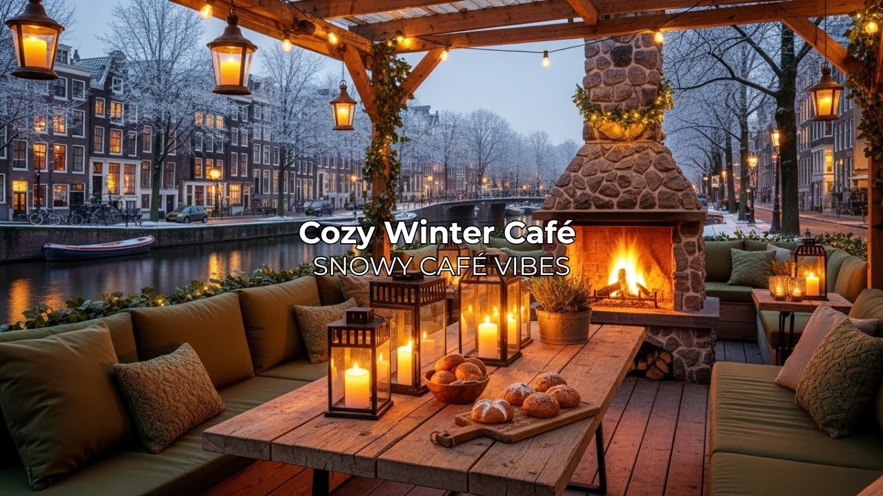 Cozy Winter Canal Café ❄️🔥 | Gentle Snowfall, Fireplace & Candlelight Ambience