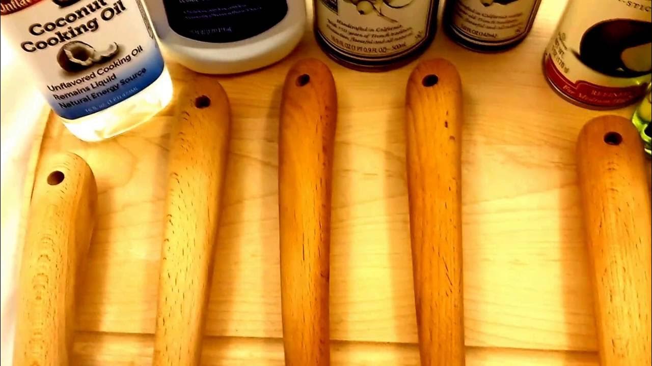 Wood spoons treated with walnut oil, mineral oil, coconut oil and other