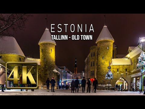 Old Town Tallinn 4K at Night, Estonia: New Year 2022 Walking Tour & Travel Guide With Street Noise