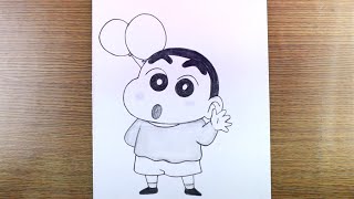 Little Shinchan Boy With Two Balloons In Hand Outline Pencil Drawing