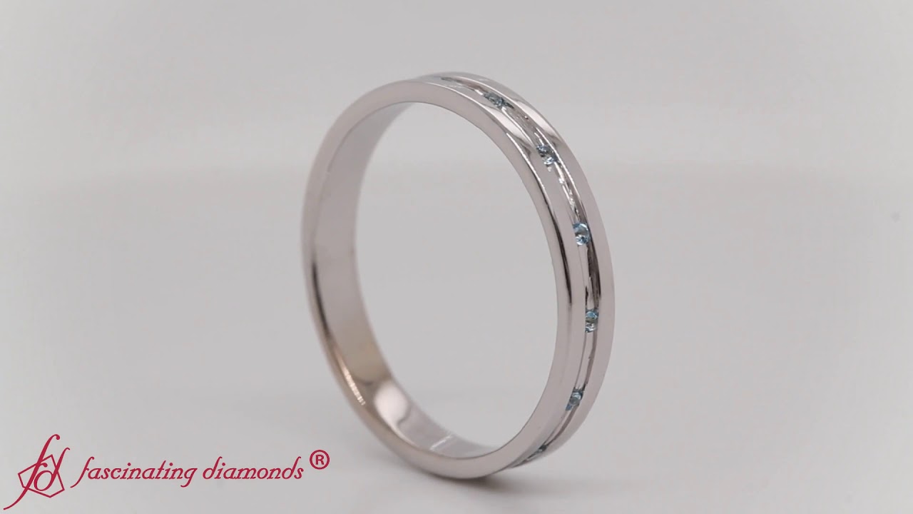 Flush Mount Blue Topaz Wedding Band In 14K White Gold-FD9182GB
