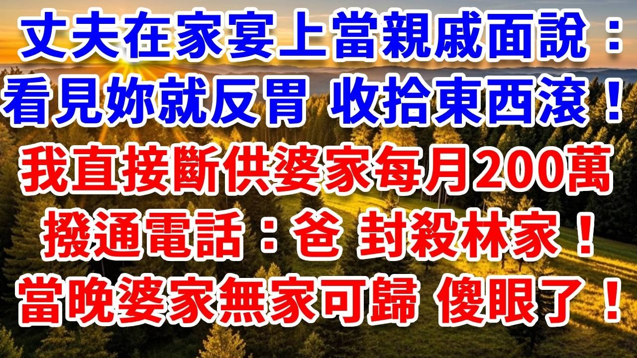 丈夫在家宴上當親戚面說：看見妳就反胃，收拾東西快滾！我直接斷供婆家每月200萬生活費，撥通電話：爸，封殺林家！”當晚婆家無家可歸，傻眼了！#思妤說故事#為人處世#生活經驗#情感故事#晚年哲理#說故事