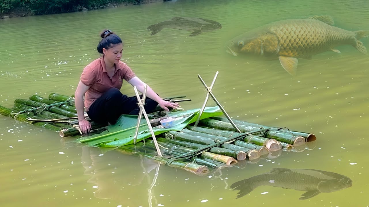Girl One Day In The Forest, Camping, Using Bamboo As A Raft, Enjoying ...