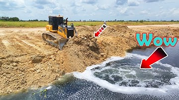 Impressive Bulldozer Skill Driver Pushing Soil Drop Into Water With Team Work Dump Trucks Unloading