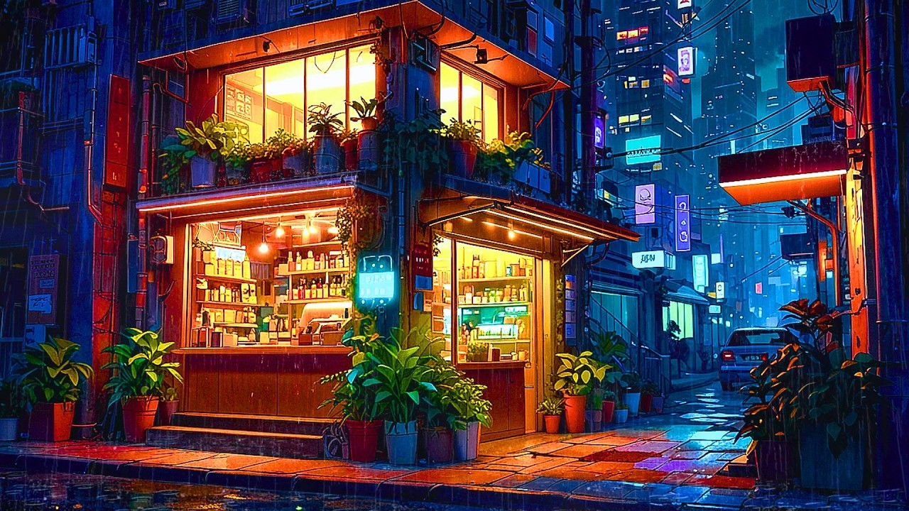 Town After Rain 🌧️Midnight Rain at the Cozy Neon Cafe 🌧️ | Lofi Beats to Chill & Focus