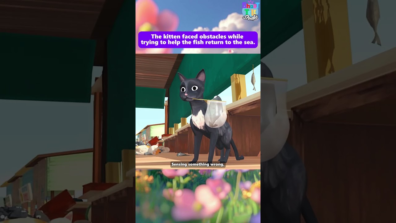 Kitten struggles to help a fish get back to the sea. l 