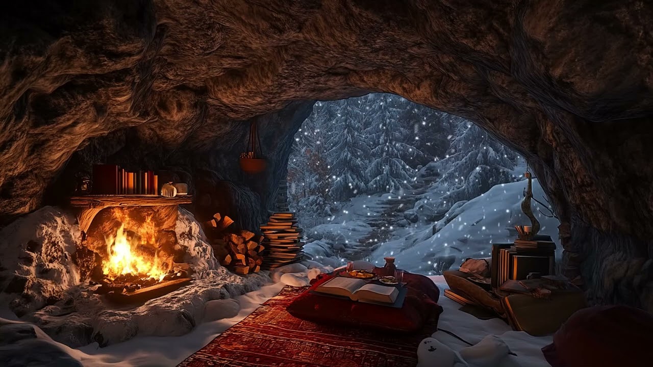 Winter Blizzard Ambience in a Deep Cave with Soft Crackling Fire for Sleep and Deep Rest