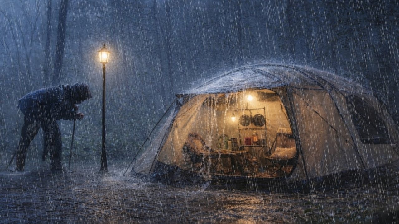 CAMPING IN HEAVY RAIN WITH THE CRAZIEST THUNDER // struggling to build ...