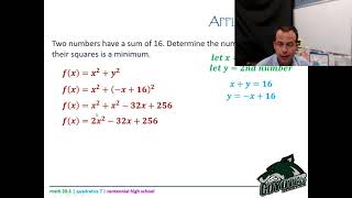 Math 20-1 - Lesson 2.6 - applications of quadratic functions (max and min problems)