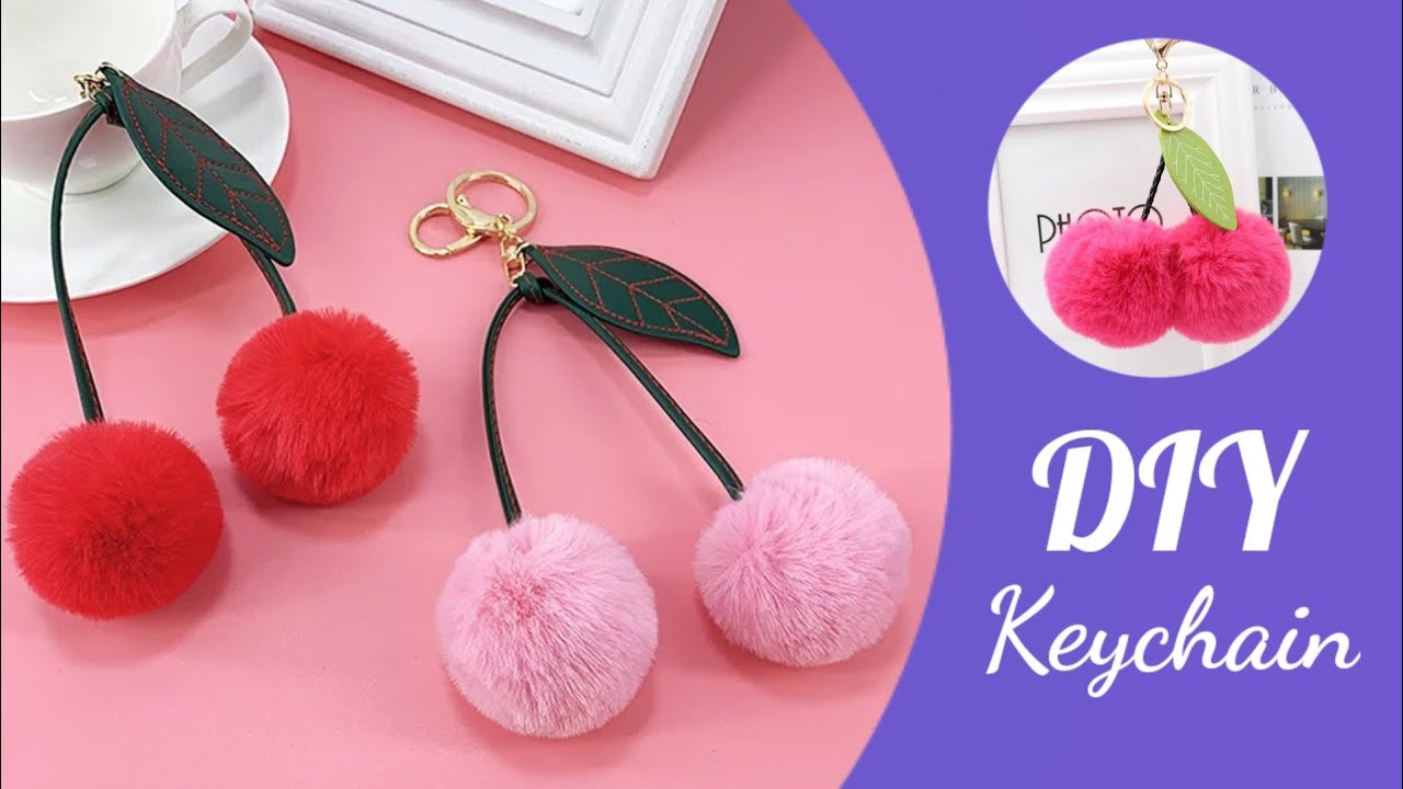 DIY Cherry Pom Pom Keychain 🍒 / handmade cherry keychain / DIY