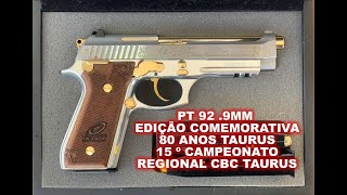 Pistola TAURUS PT 92 .9mm Edição Comemorativa 80 Anos Especial Customizada em ouro 18K