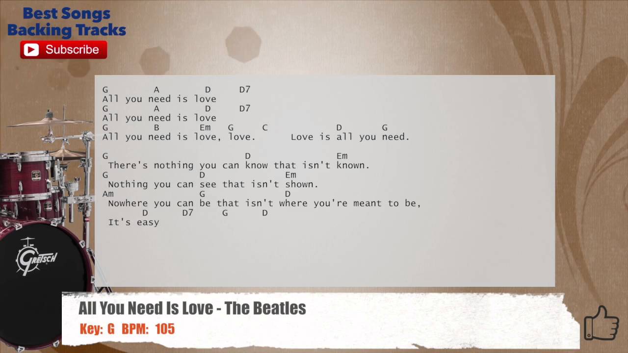 All You Need Is Love The Beatles Drums Backing Track With Chords And Lyrics Youtube