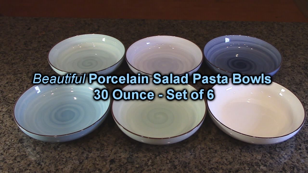 Sweese Porcelain Salad Pasta Bowls 30 Ounce Set of 6, Hand Painted Swirls (Gradient Blue